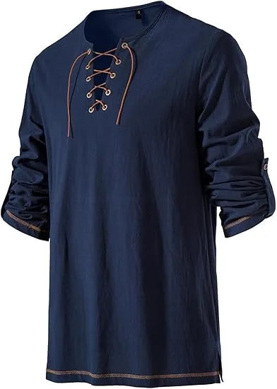 Men's Medieval Lace Up Tunic Shirt Renaissance Viking Pirate Costume Long Sleeve Retro Tops with Belt