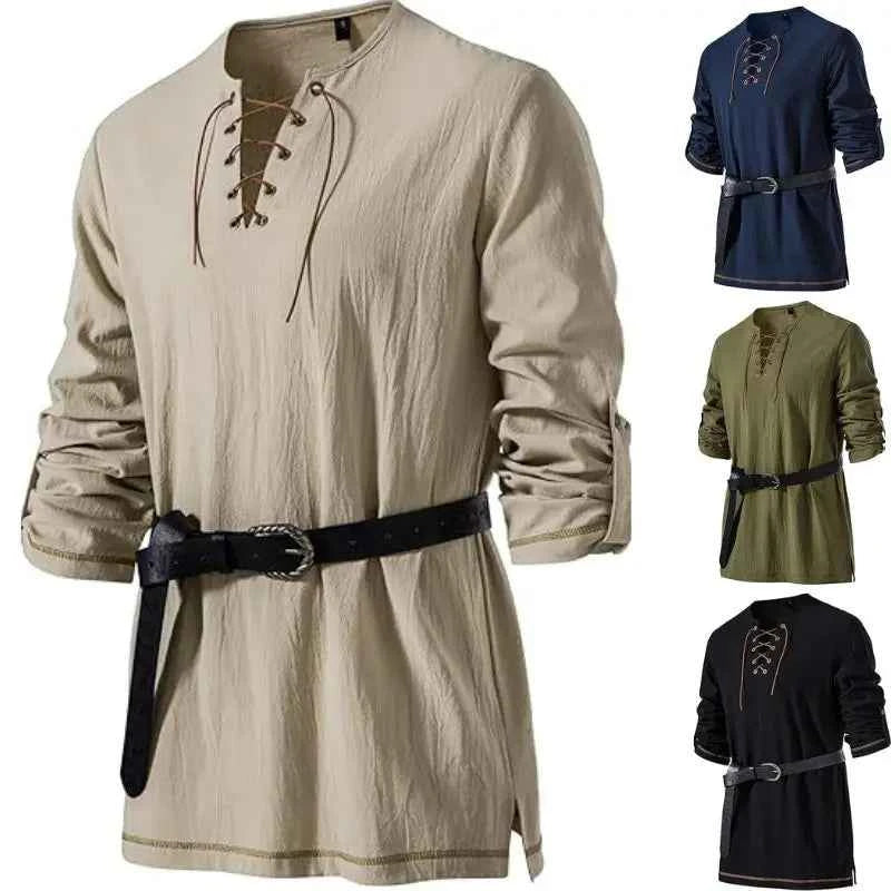 Men's Medieval Lace Up Tunic Shirt Renaissance Viking Pirate Costume Long Sleeve Retro Tops with Belt
