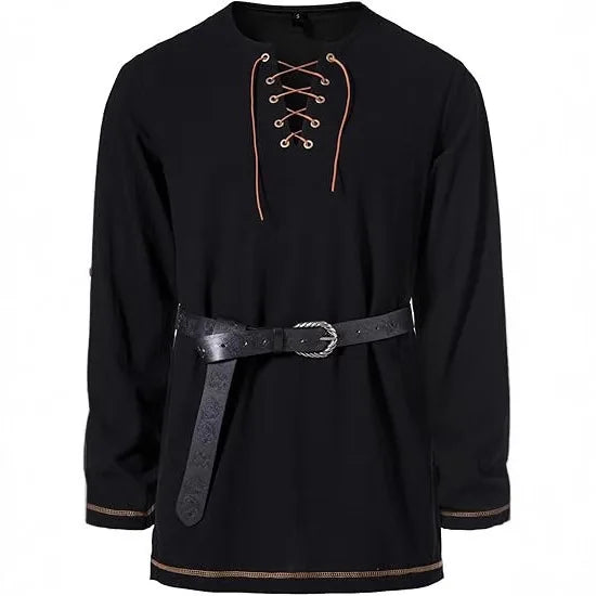 Men's Medieval Lace Up Tunic Shirt Renaissance Viking Pirate Costume Long Sleeve Retro Tops with Belt