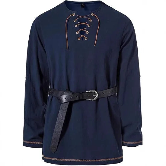 Men's Medieval Lace Up Tunic Shirt Renaissance Viking Pirate Costume Long Sleeve Retro Tops with Belt