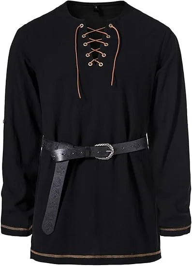 Men's Medieval Lace Up Tunic Shirt Renaissance Viking Pirate Costume Long Sleeve Retro Tops with Belt