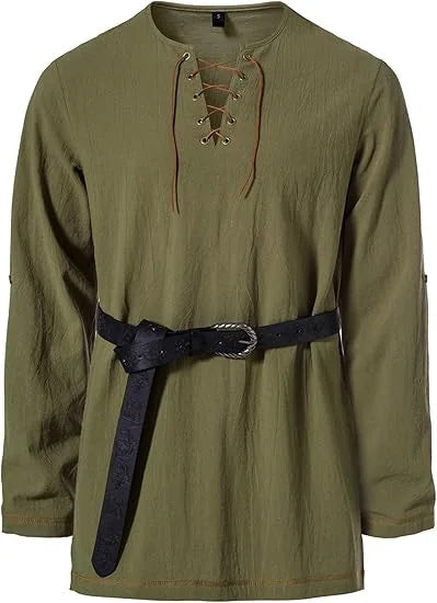 Men's Medieval Lace Up Tunic Shirt Renaissance Viking Pirate Costume Long Sleeve Retro Tops with Belt