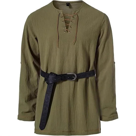 Men's Medieval Lace Up Tunic Shirt Renaissance Viking Pirate Costume Long Sleeve Retro Tops with Belt