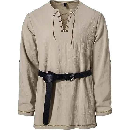 Men's Medieval Lace Up Tunic Shirt Renaissance Viking Pirate Costume Long Sleeve Retro Tops with Belt