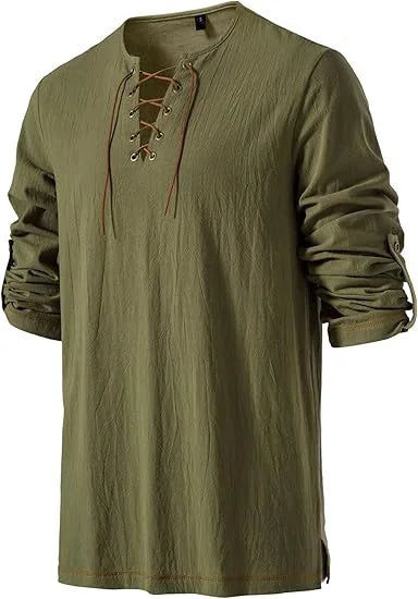 Men's Medieval Lace Up Tunic Shirt Renaissance Viking Pirate Costume Long Sleeve Retro Tops with Belt