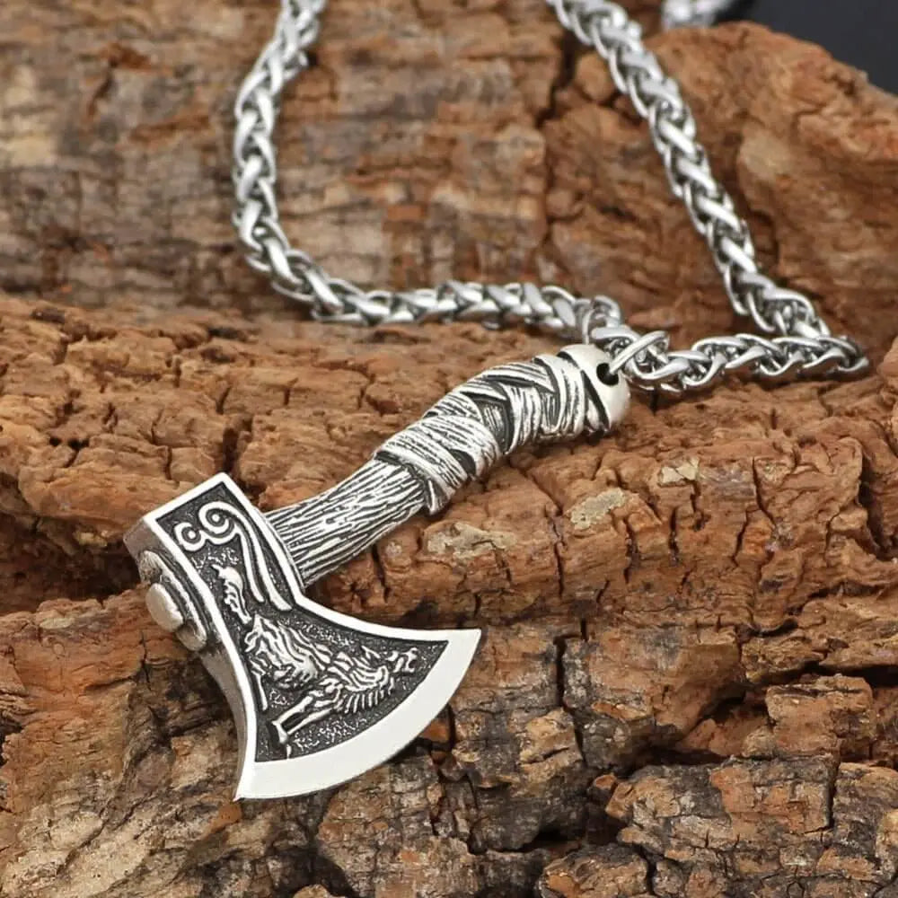 Men's Viking Celtic Wolf Crow Axe Pendant Rune Necklace Charm Nordic Amulet JewelryValhalla Forge